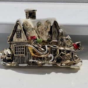 Vintage Holiday Brooch courier, and Ives with Sleigh and House/ Christmas Brooch